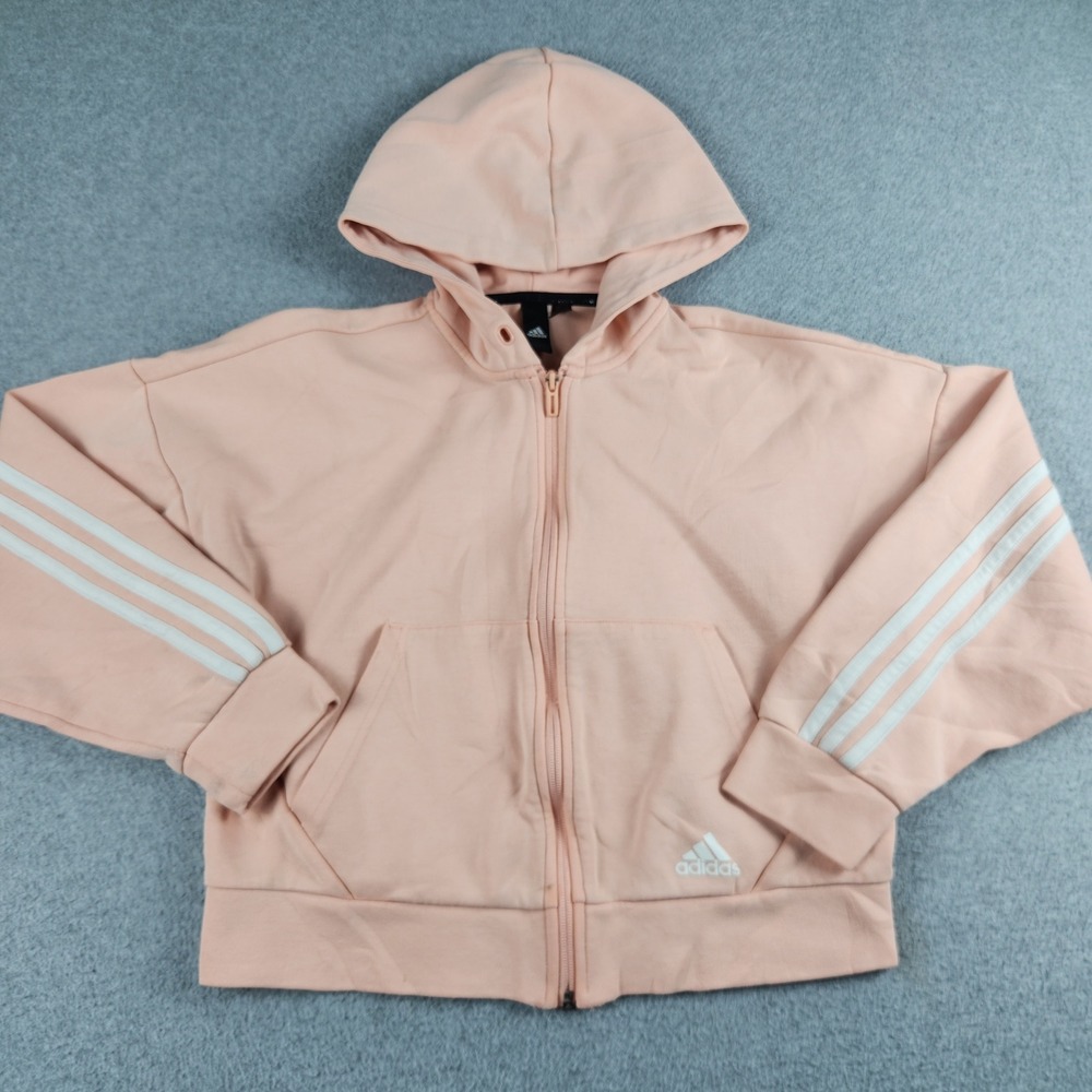 Adidas Cropped Hoodie Womens XS Pink 3-Stripe Gym Workout Full Zip Athleisure